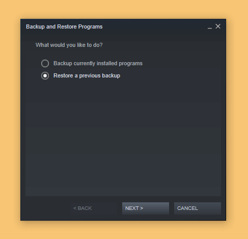 Restore a previous backup di Steam