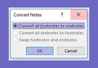 Setting convert footnote dan endnote