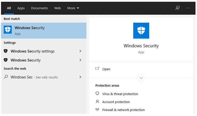 Buka Menu Windows Security di Search