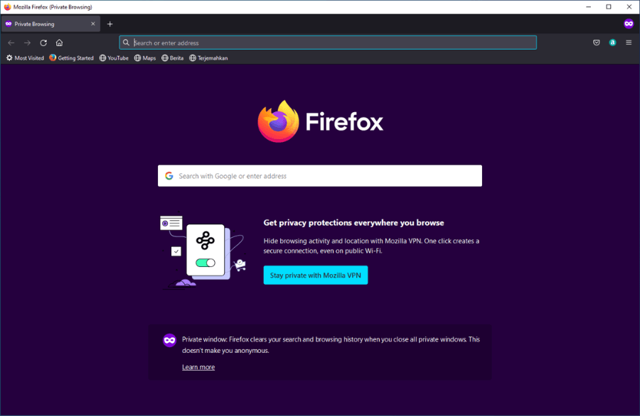 Contoh Mode Incognito Firefox